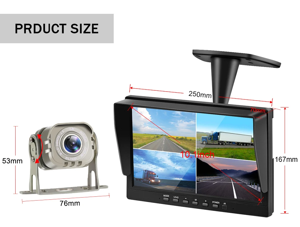 10inch 4ch Car Monitor for Auto 4 Split Car Screen Roof Mount Monitor Recorder AHD LCD Display for Truck Bus RV Rear View Camera
