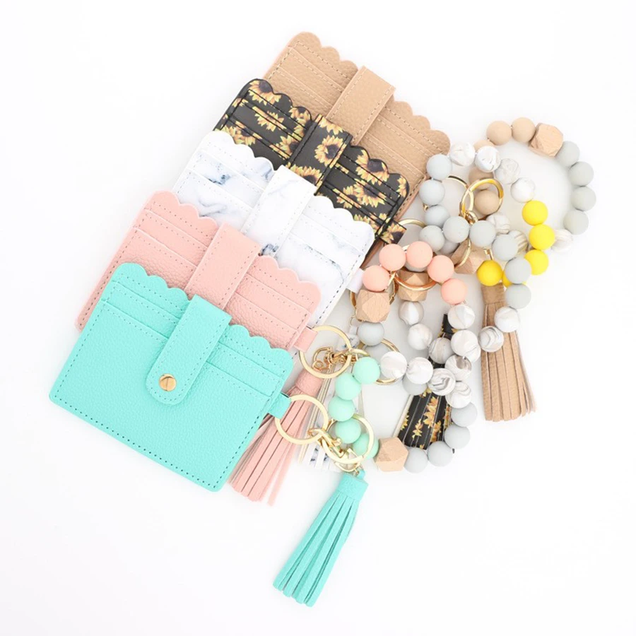 Custom Card Holder Wallet Round Keyring Bangle key chain Leather strap lanyard Bracelet wristlet keychain With Leather Tassel