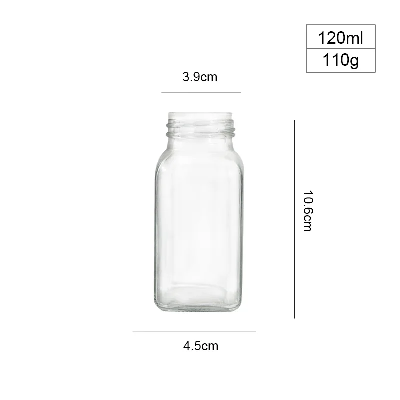 Wholesale 120ml Square Glass Salt Bottle Sugar Jar with Plastic Insert and Aluminum Lid 4oz Glass Spice Jar