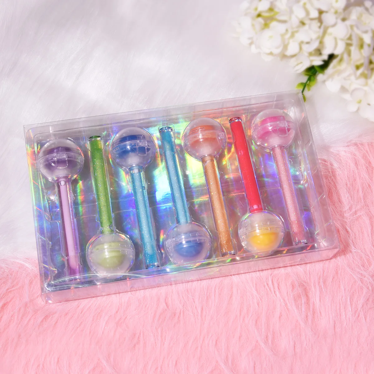 Private Label Clear Custom Fruit Glitter Make up Wholesale Kids Lip Oil Set Lollipop Lip Balm Vegan Lip Gloss