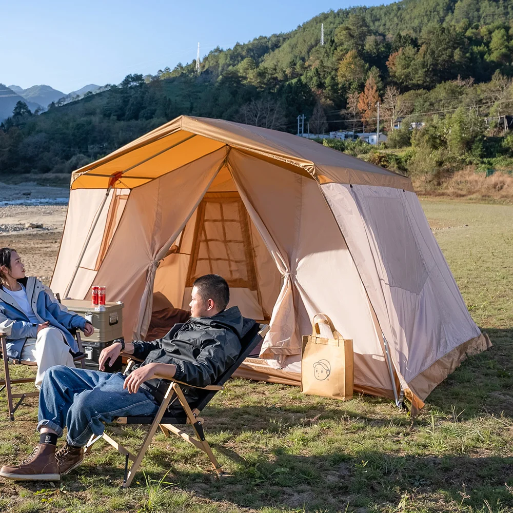 Cotton Canvas Large Family 4-Season Waterproof Beige Color Bell Tent Hunting Wall Tent with Roof Stove Jack Hole