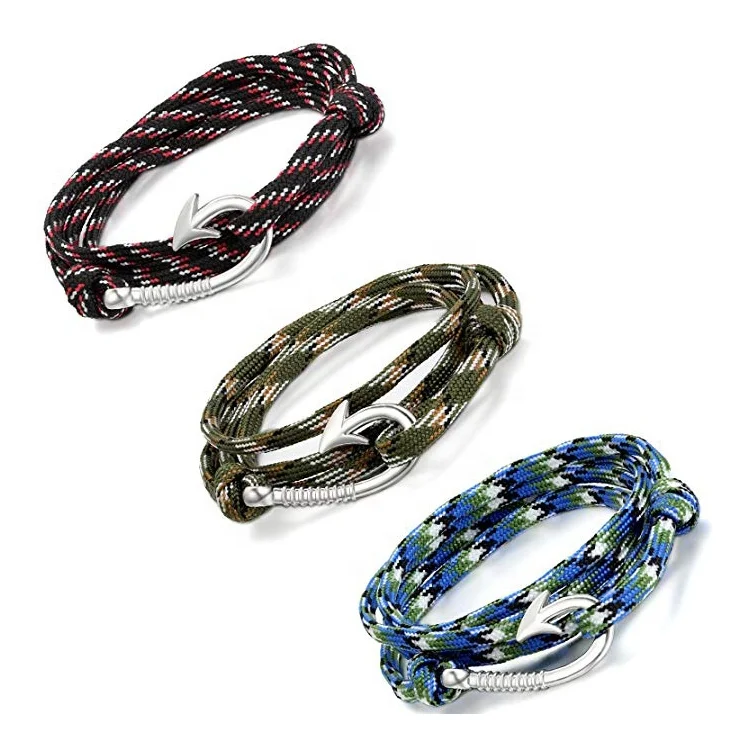 Antique Silver Steel Bracelet Fish Hook Rope Cord High Quality Outdoor Survival Jewelry Multi-Choice Men Women Wholesale Bag