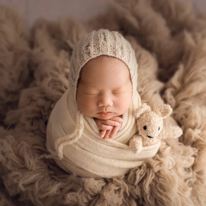 Wrap set Baby Knit Swaddle Wrap Baby Girl Photography Props Textured Cotton Baby knit mohair hat props