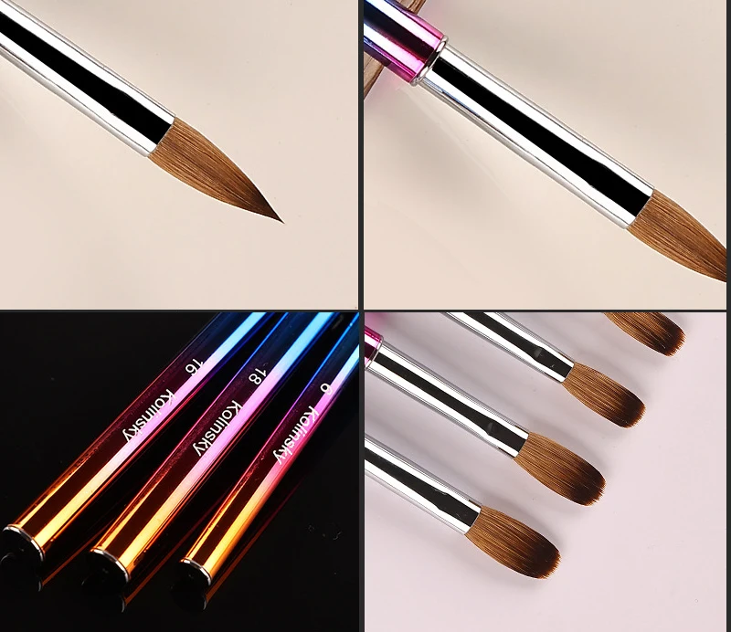 Custom Logo Pinceles 100% Pure Kolinsky Brush USA Size #2 - #18 Rainbow Metal Handle Kolinsky Sable Nail Acrylic Brush