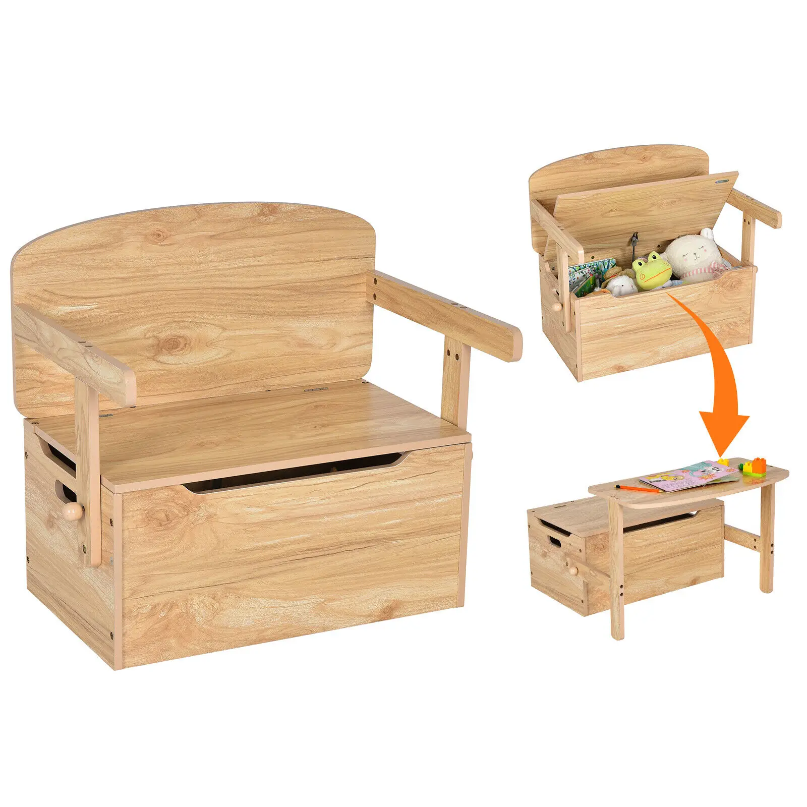 3-in-1 Round Corner Design Kids Convertible Storage Bench Wood Activity Table and Chair With 2 Built-in Handles on Each Side