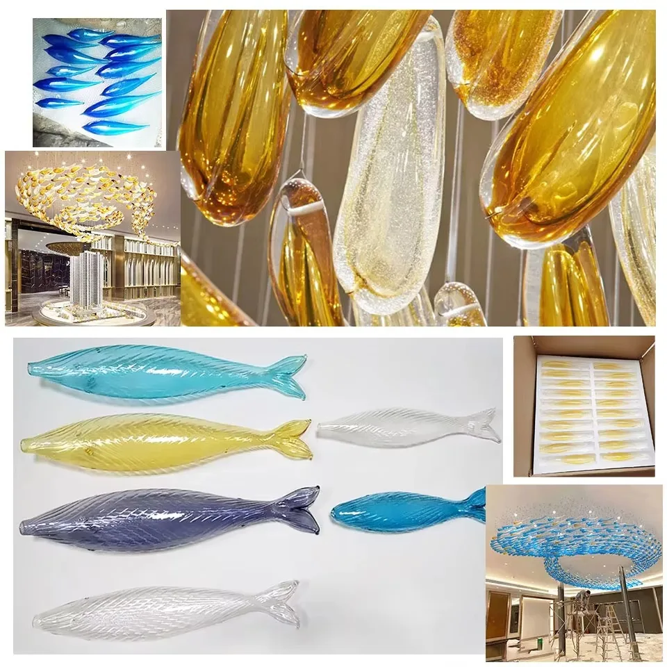 VANTONE Customized Luxury Modern Suspended Blue Ocean Glass Chandelier Hotel Lobby Decoration Engineering Glass Chandelier