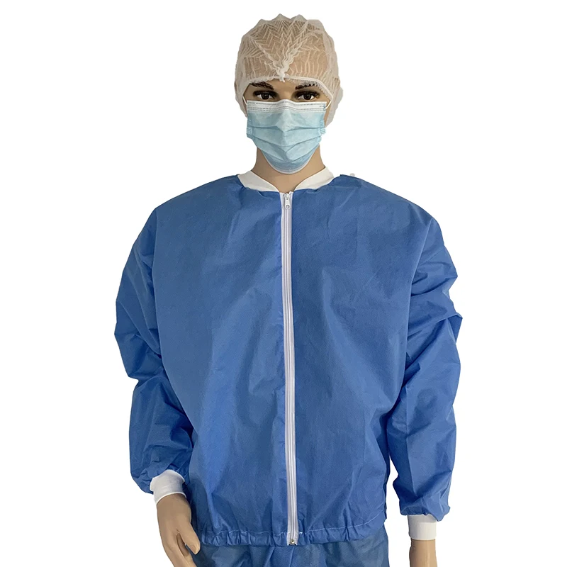 Wholesale PPE unisex disposable Blue SMS warming jackets with zipper closure