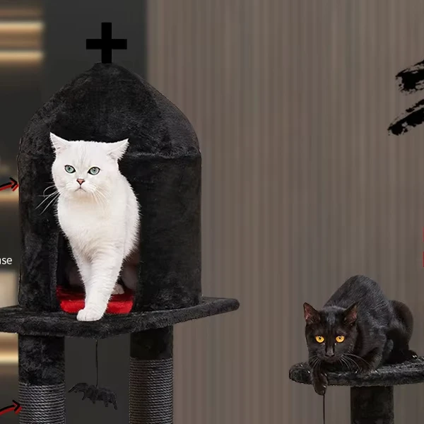 Luxury Siasl Cat Tree with Spider Hanging Ball Multi-Level Cat Activities Furniture for Cats Black Halloween