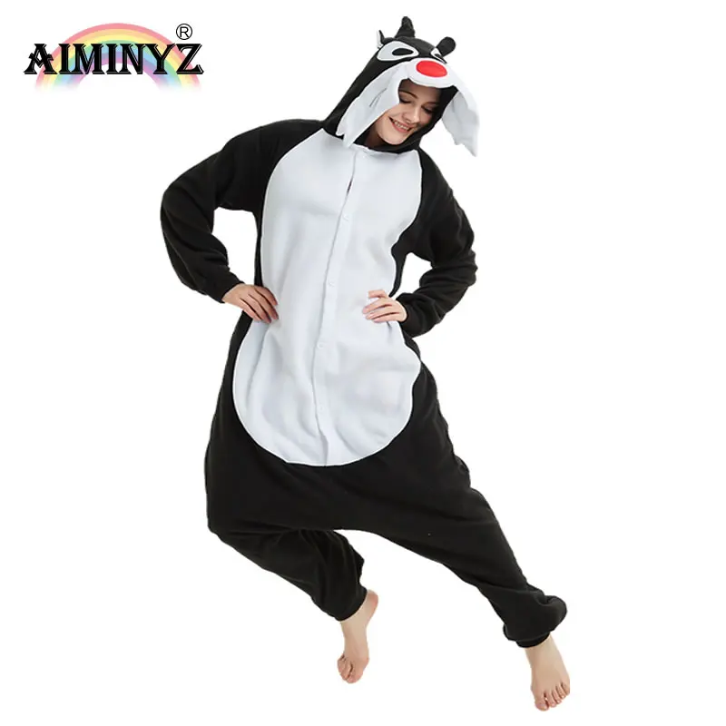 AIMINYZ Winter Animal Pyjamas Polar Fleece Hoodie Sleepwear Pajamas For Women Wolf Black Adult In stock Onesie Loose Costume