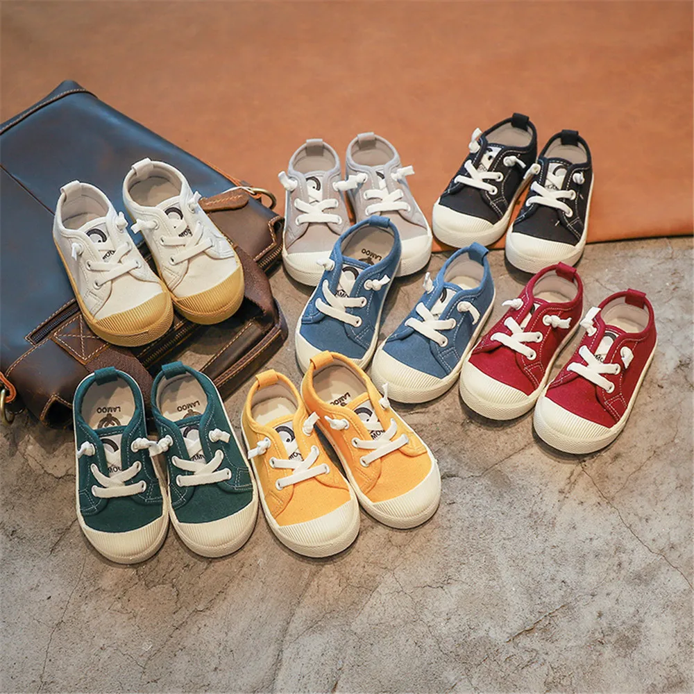 
In stock flat boys and girls unisex candy color slip on casual kids canvas shoes 