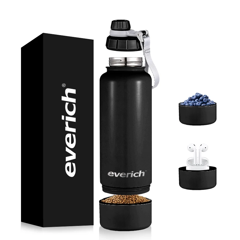 Everich Two Part Vacuum Insulated Multi-functional Stainless Steel Water Bottle With Removable Bottom Storage Plastic Bowl