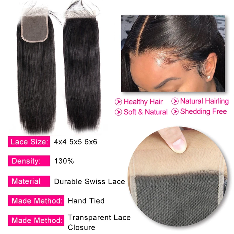 Virgin 1b 27 4x4 Wholesale Brazilian Straight Transparent 613 Human Hair Lace Silk Base 6x6 5x5 Closure