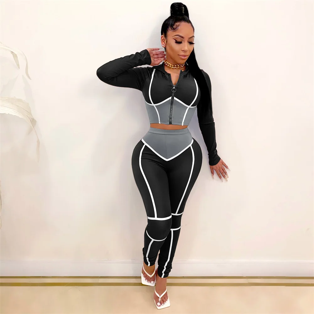 2021 Womens Fall Clothing Contrast Color Long Sleeve Hoodie Crop Top Two 2 Piece Pants Set Women Workout Clothes Tracksuits