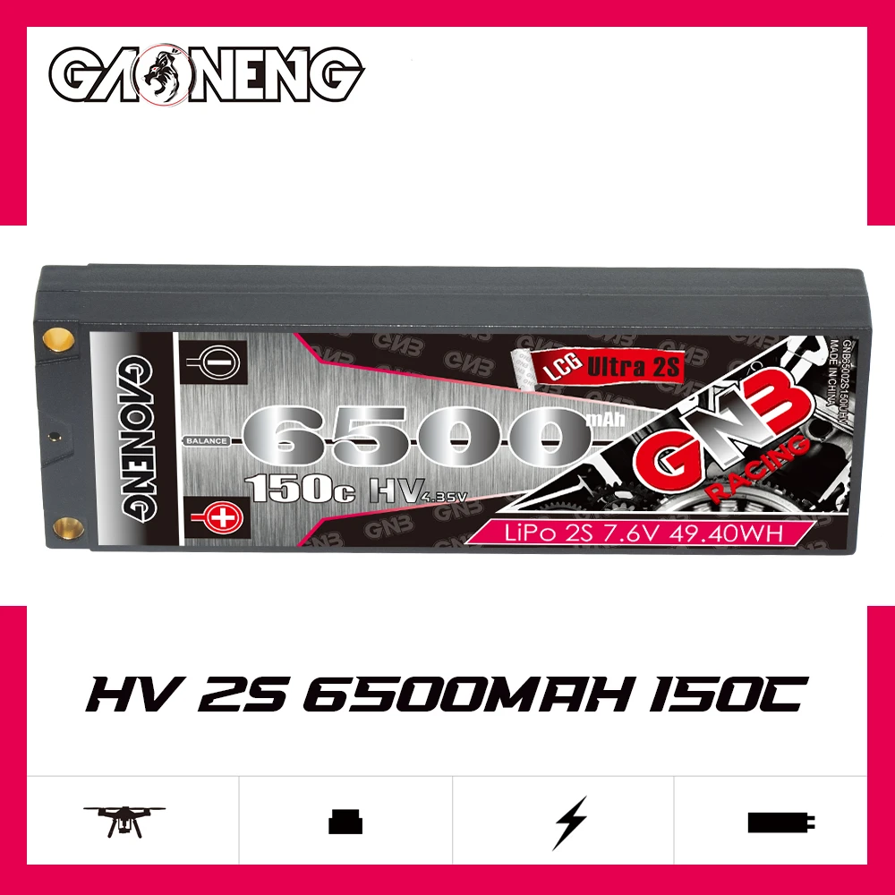 GNB GAONENG 6500MAH 2S HV 7.6V 150C RC LiPo Battery Ultra LCG 2S 5mm Built-in Bullet Hard Case Competition Pack 1/10 RC Car Boat