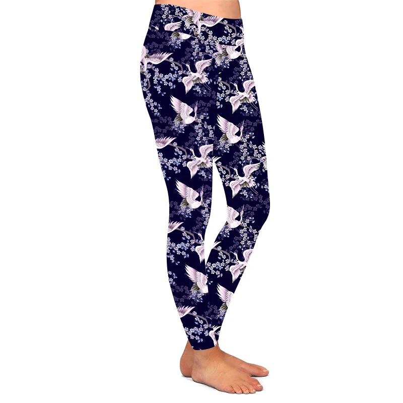 92% polyester 8% spandex 230gsm High quality Brushed super soft sakura branches and white Japanese cranes leggings