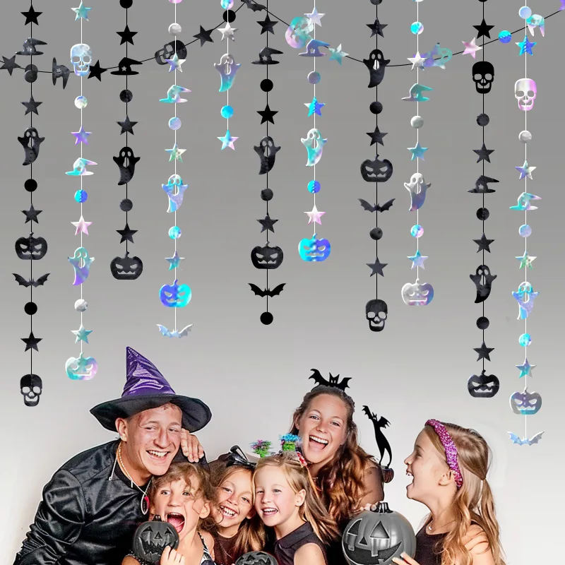 Halloween Hanging ghost Garland iridescent Paper pumpkin bat streamer party Backdrop string