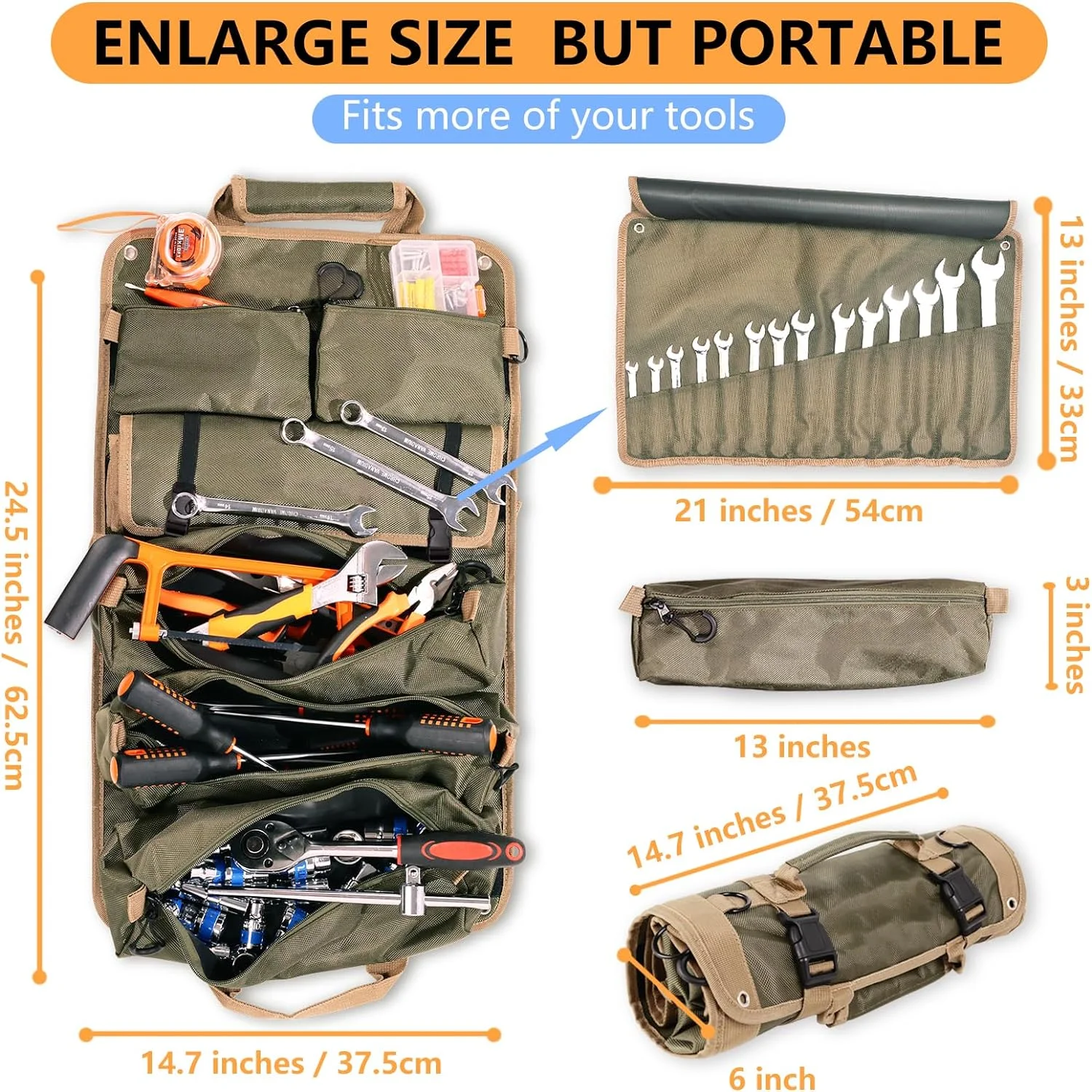 Large Detachable 3-Pouch Electrician Heavy Duty Organizer 14-Pocket Wrench Tool Roll Bag & 2 Small Storage Bags Gift Men/Dad/Him