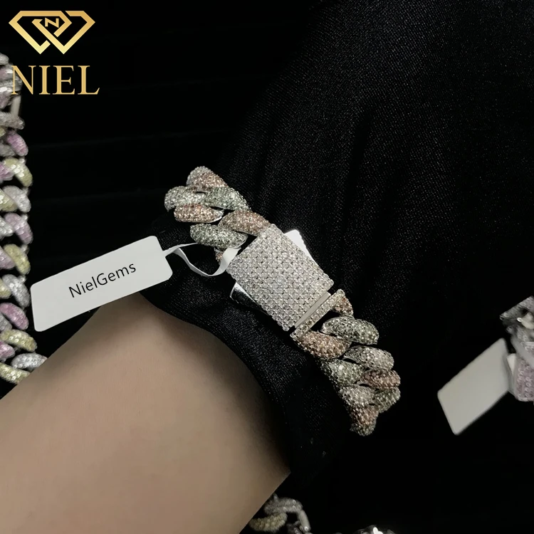 12mm hip hop women jewelry white green orange sapphire silver link iced cuban chain 925 natural stones bracelet