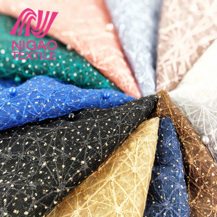 Custom pattern 3D beaded embroidered fabric glitter tulle mesh fabric lace fabric  for evening dress