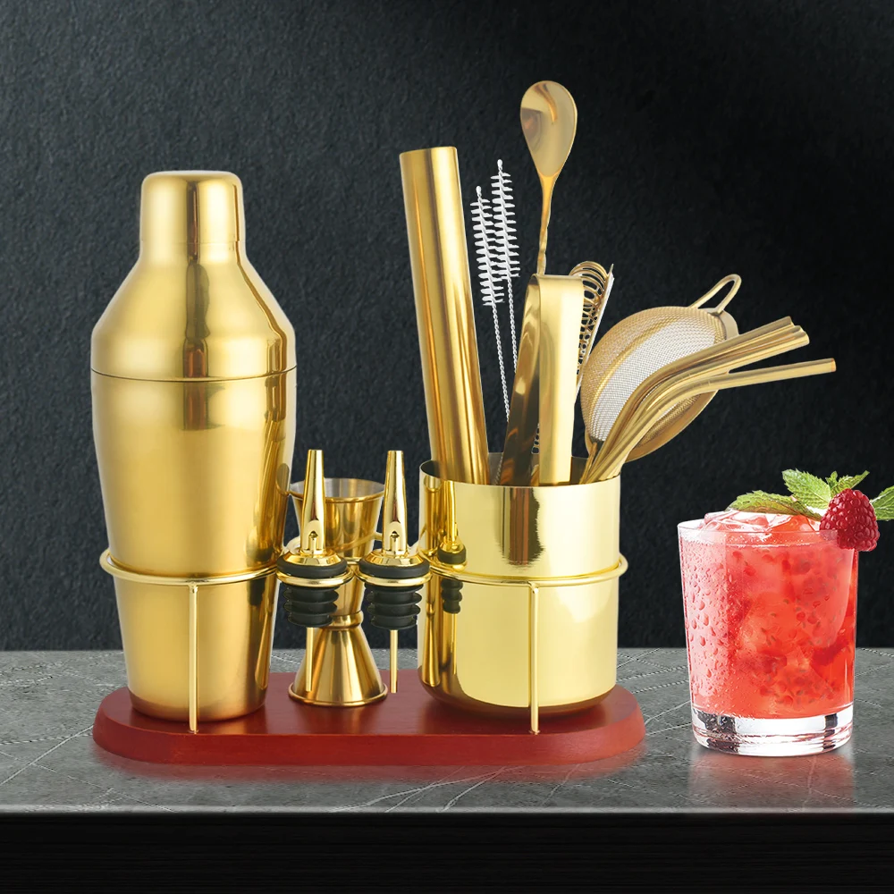 Creation 2023 New Design Manufacturer Bartender Kit Stainless Steel Gold Cocktail Shaker Set with Stand