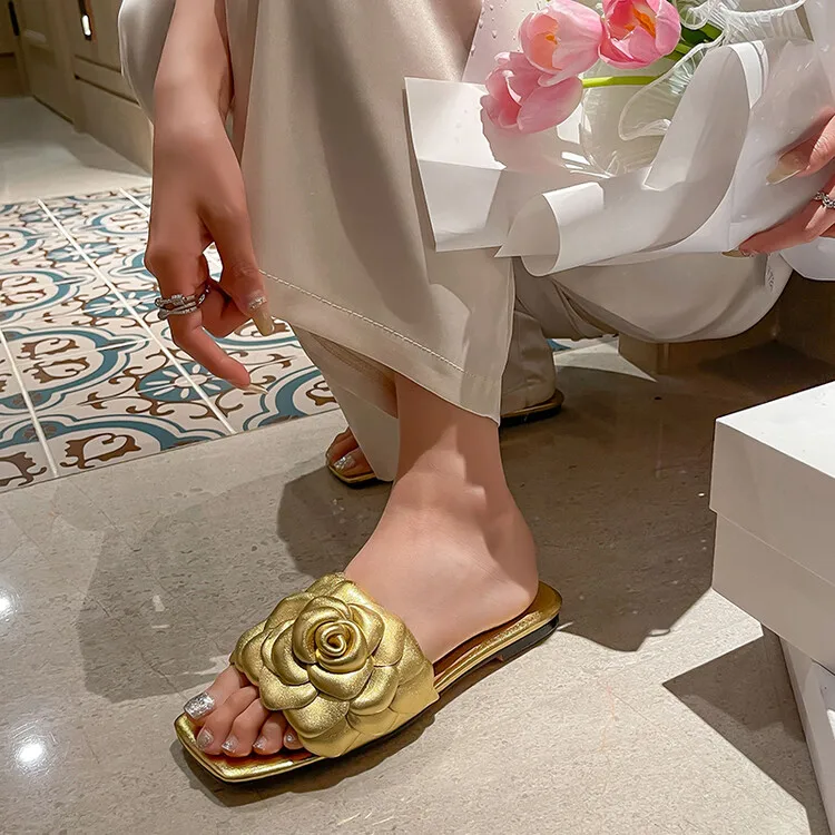 women Genuine Leather designer Summer Beach Outdoor Casual square Toe Gold flowers Slides Slipper sandals for women and ladies
