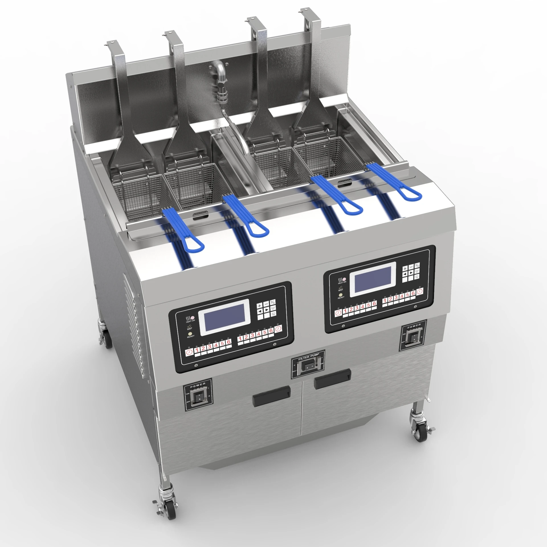 Commercial electric deep fryer 2*25 liters 2 tank 4 basket frying machine with timer oil filter