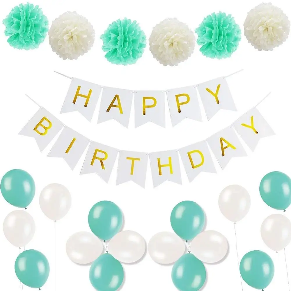 Hot selling paper flower ball set Tiffany blue romantic white fishtail flag latex balloon birthday party decoration
