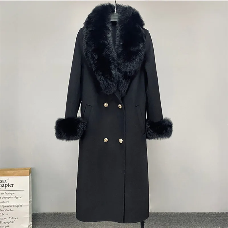 Double Faced Wool Coat With Fur Winter Real Fox Fur Collar Long Plus Size Ladies Handmade Women Cashmere Wool Coat For Women