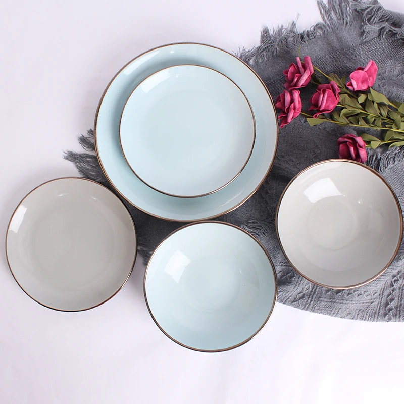 High Quality Luxury Gold Rim White Porcelain Ceramic Kitchen Utensil Plate Dish Bowl Dinner Dinnerware Set