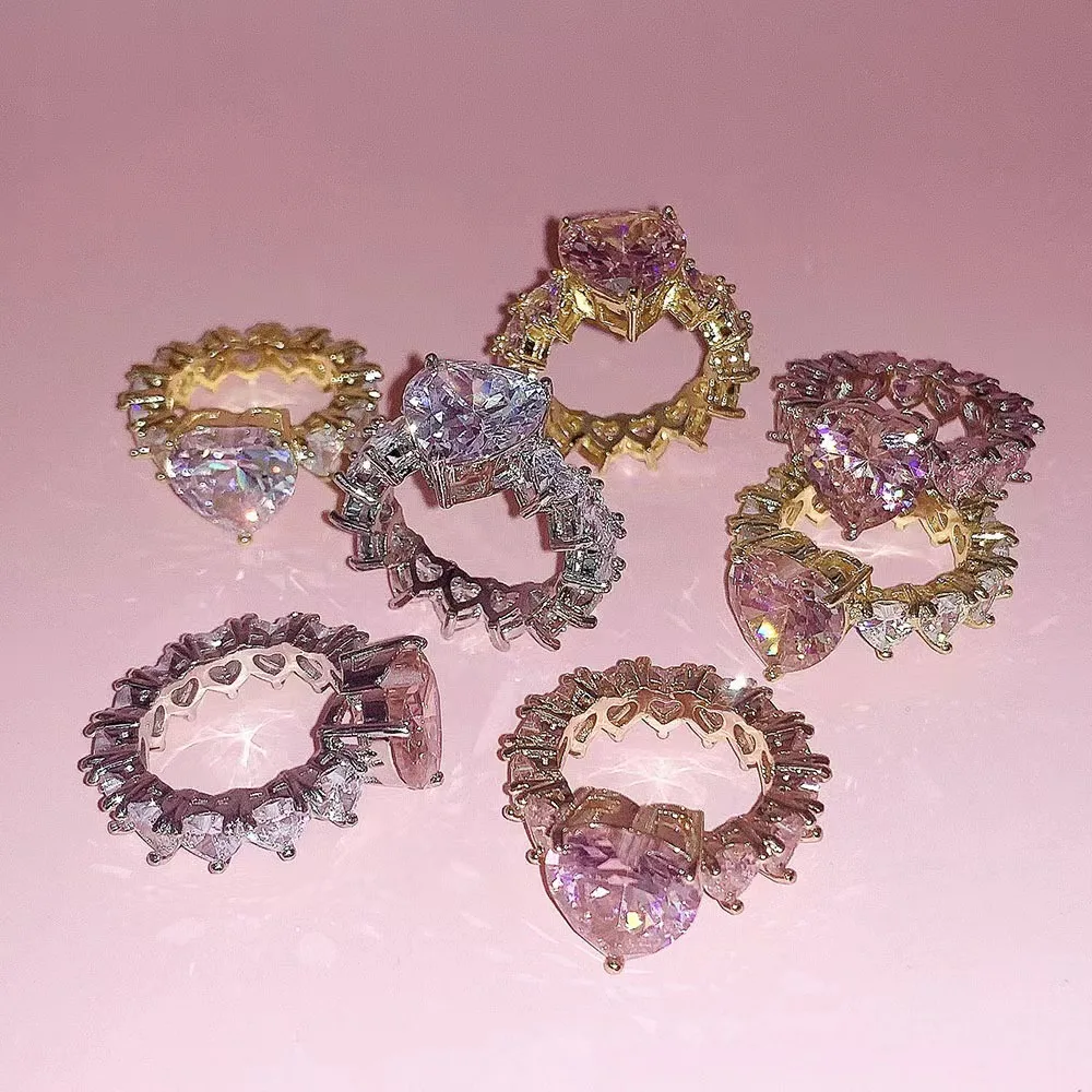 Waterproof Big Pave Full Crystal Zircon Rings Wholesale Cut Finger Jewelry Women Pink Heart Cubic Diamond Engagement