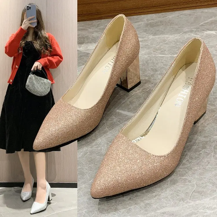 Women Big size Wedding shoes Sweet Noble Gold Silver Sequins Wedding Bridesmaid Chunky heels Fashion Leisure Shallow mouth Pumps