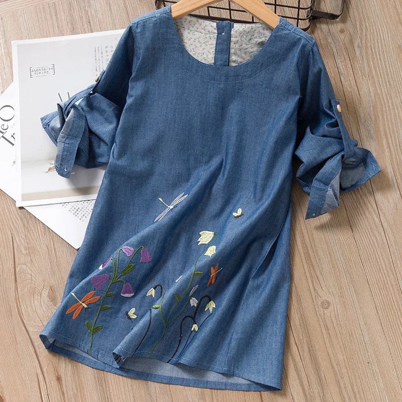 2022 European and American dragonfly embroidery girls denim dress