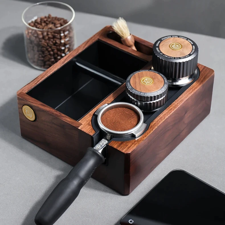zeroHero Solid Wood Walnut Organizer Box Espresso Coffee Tamping Portafilter Holder Station with Integrated Grounds Knock Box