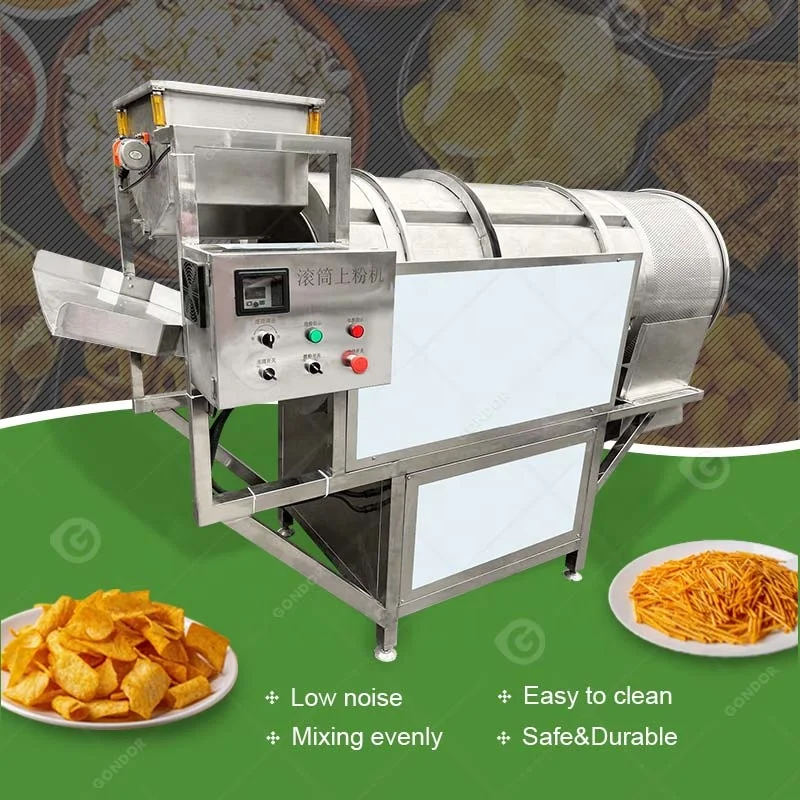 Commercial Powder Potato Chips Nuts Small Dry Continuous Drum Fry Puffed Snack Seasoning Machine