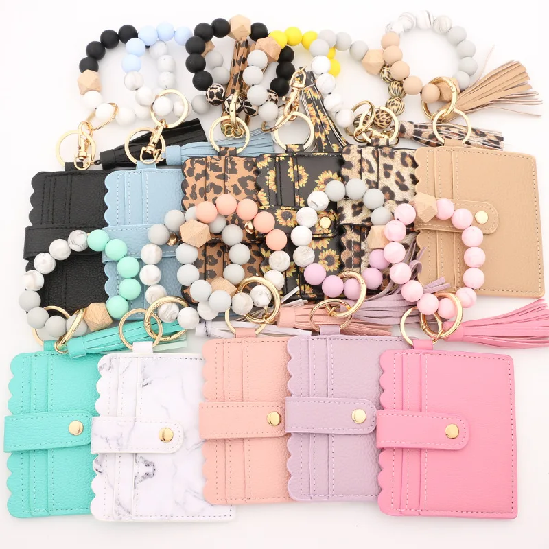 Silicone Beaded Keychain Wristlet Card Holder Key Chain Elastic Bangle Card Wallet Holder Beads Wristlet Keychains With Tassel