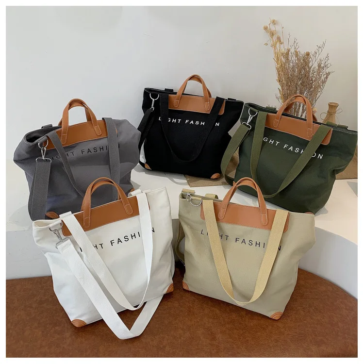 Fashion Zipper Leather Handles Canvas Handbag Tote Bag Ladies Women Handbag Canvas and Leather Tote Bag
