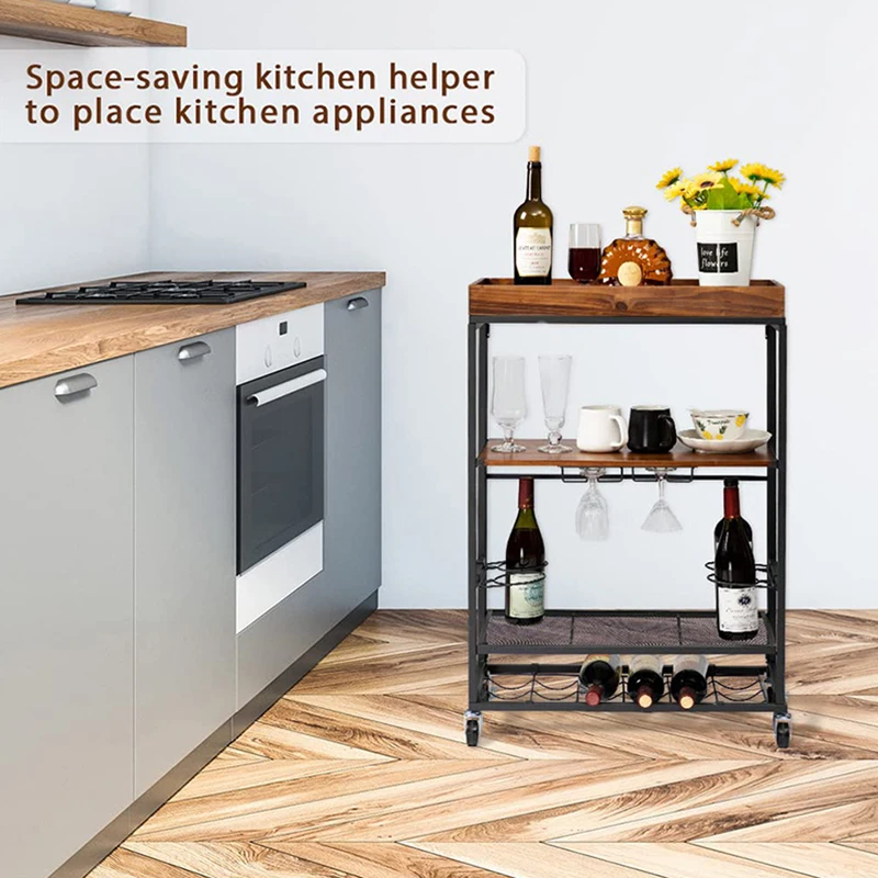 Bar Carts Mobile Wine Cart on Wheels with Wine Rack and Glass Holder 3 Tier Serving Cart Kitchen Outdoor Wood Metal