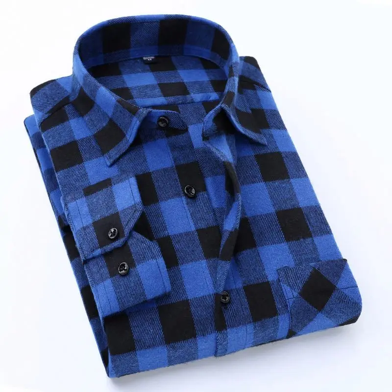 OEM/ODM camisas sky blue and black plaid custom Hexagonal cuff single pocket Turn-down Collar full sleeves flannel shirt for Men