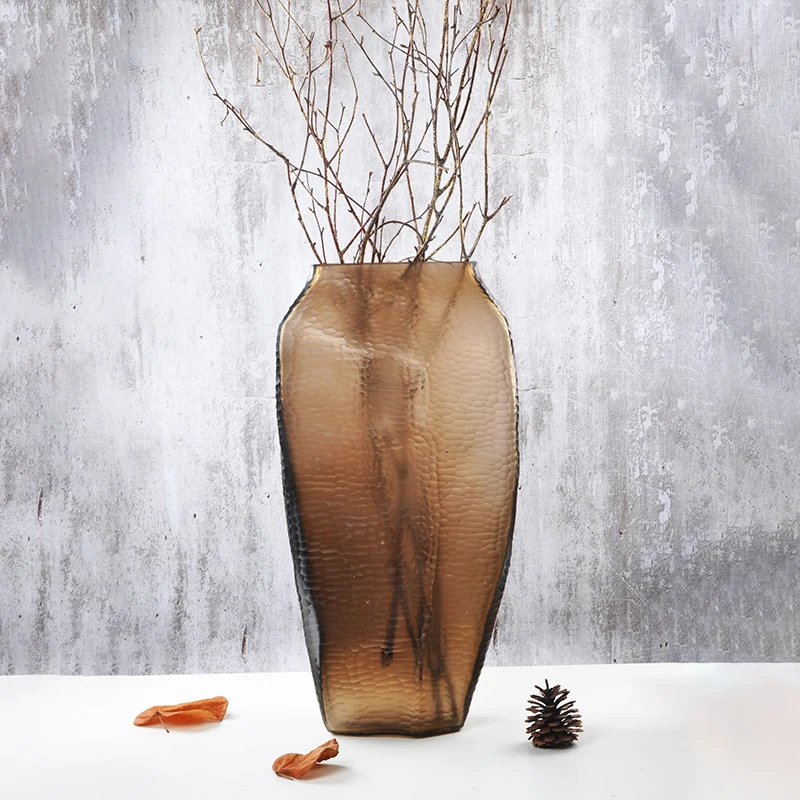 European Style Simple Cut Mouth Frosted Grey Hand Carved Glass Vase Creative Home Decoration Vase