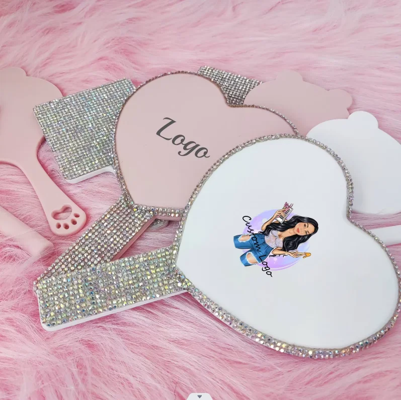 Shiny Diamond rhinestones decoration Bling Hand Held Mini Small Round Pocket Makeup Hand-Held Cosmetic Mirror With Handle