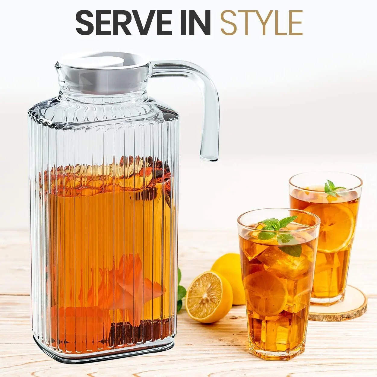 1.8L Wholesale Engraved Big Juice Glass Pitcher Water Jugs Tea Pot Jug with Plastic Lid for Cold Water