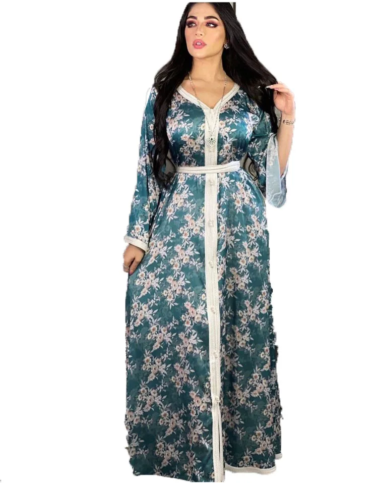 New fashion women kaftan muslim dubai abaya Printed crushed lace long dress robe