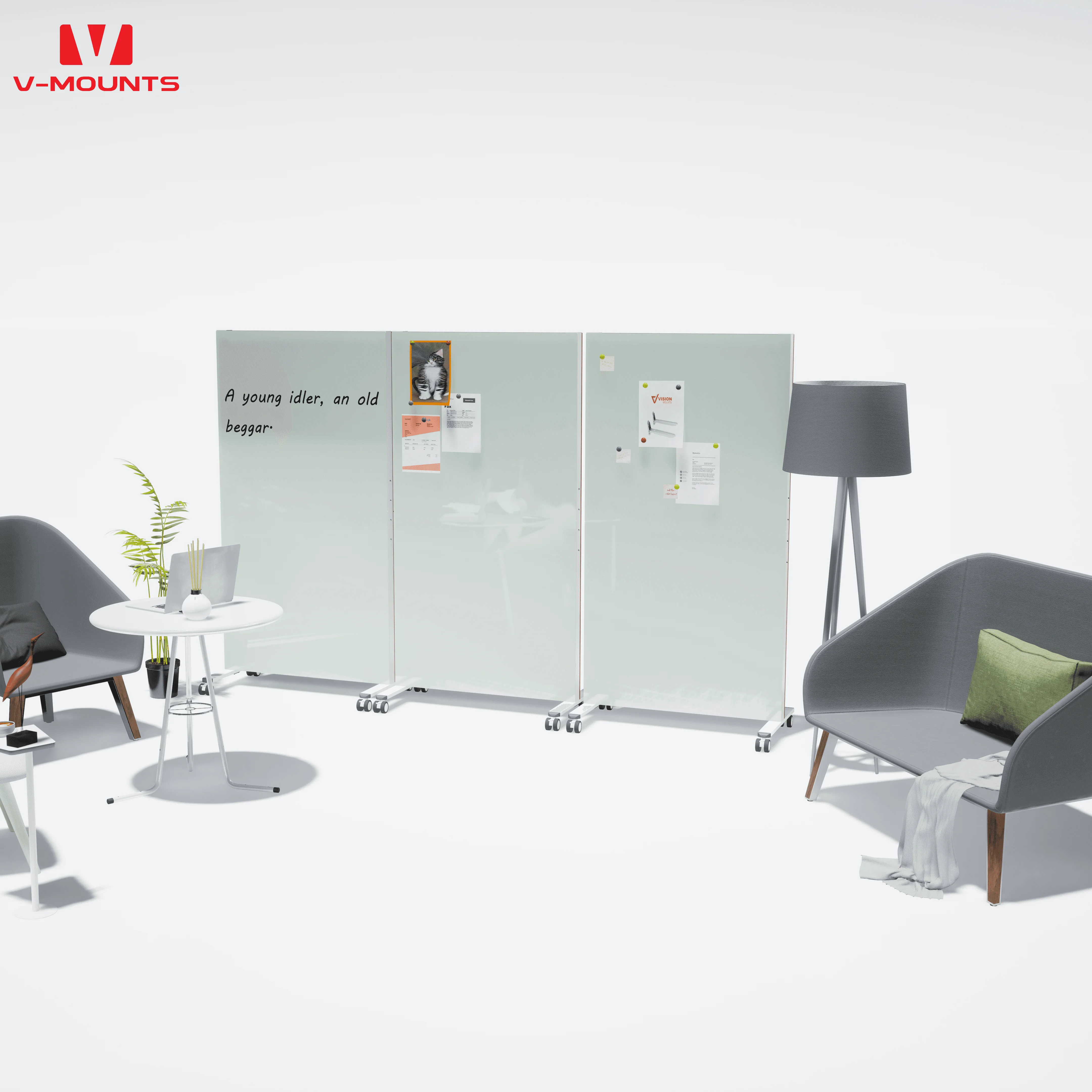 V-mounts ErgoTech writable magnetic glass panel mobile drawing board with Multifunctional sound-absorbing cotton area VM-SA002