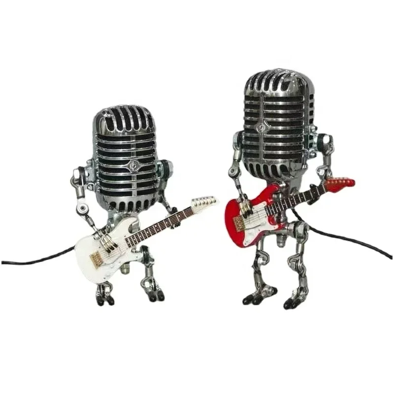 Vintage Model Playing Guitar Decoration Desk Lamp Retro Wrought Iron Microphone Lamp Robot Desk Lamp Decoration