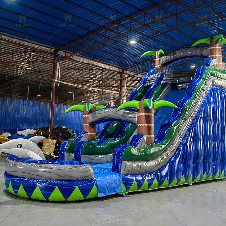 Dolphin theme inflatable water slide with water pool kids summer palm tree game inflatables slide with water pool and blower