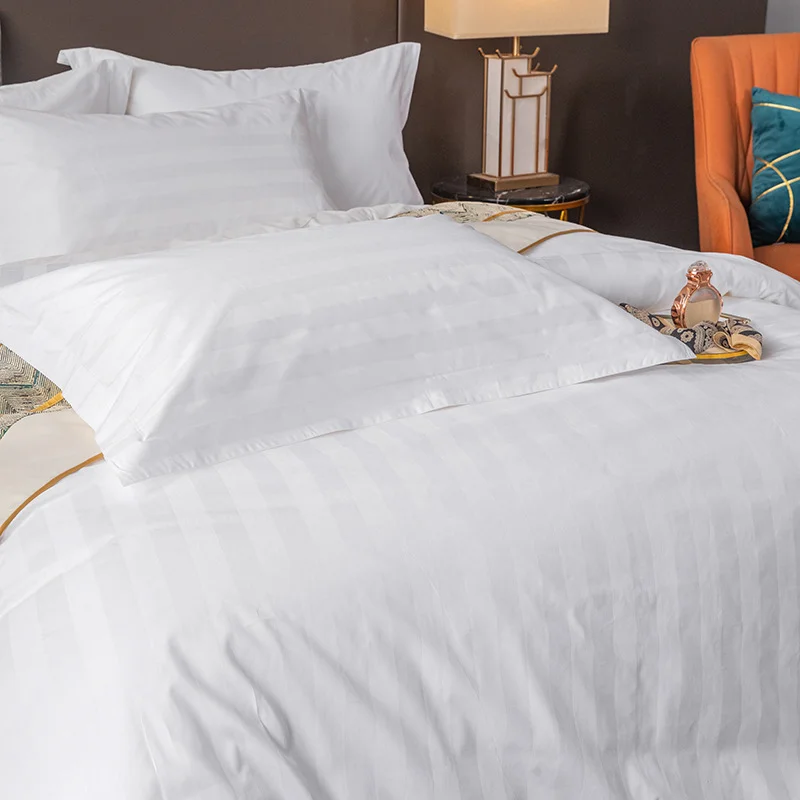 Wholesale Full Size Cotton Bed Linen Set with Material Printed Logo for Hotel Amenities hotel quality white sheets