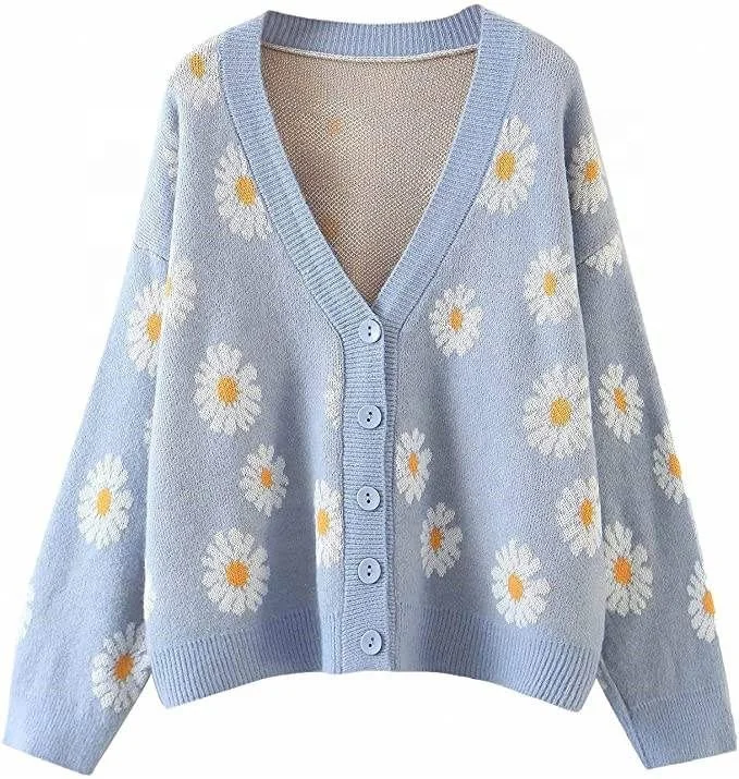Wholesale Knit Oversized Cardigan Sweater Floral Jacquard Long Sleeve V Neck Button Down Vintage Outerwear Tops Clothing