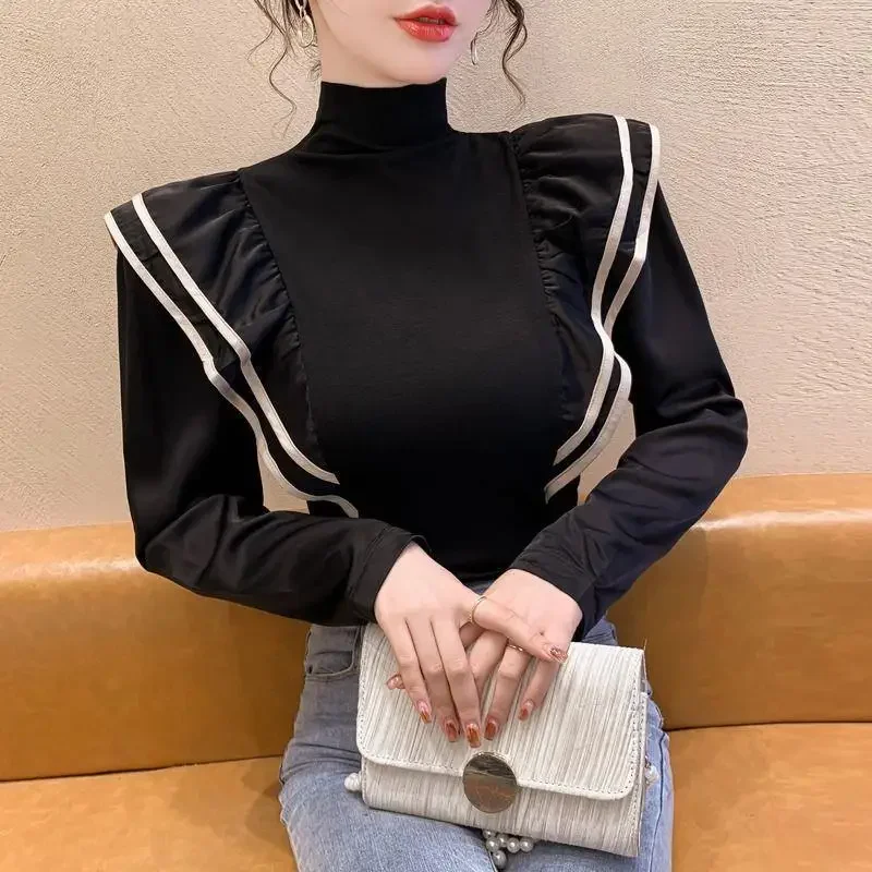 Stylish Turtleneck Spliced Folds Ruffles Blouse Female Clothing 2023 Autumn New Casual Pullovers All-match Office Lady Shirt