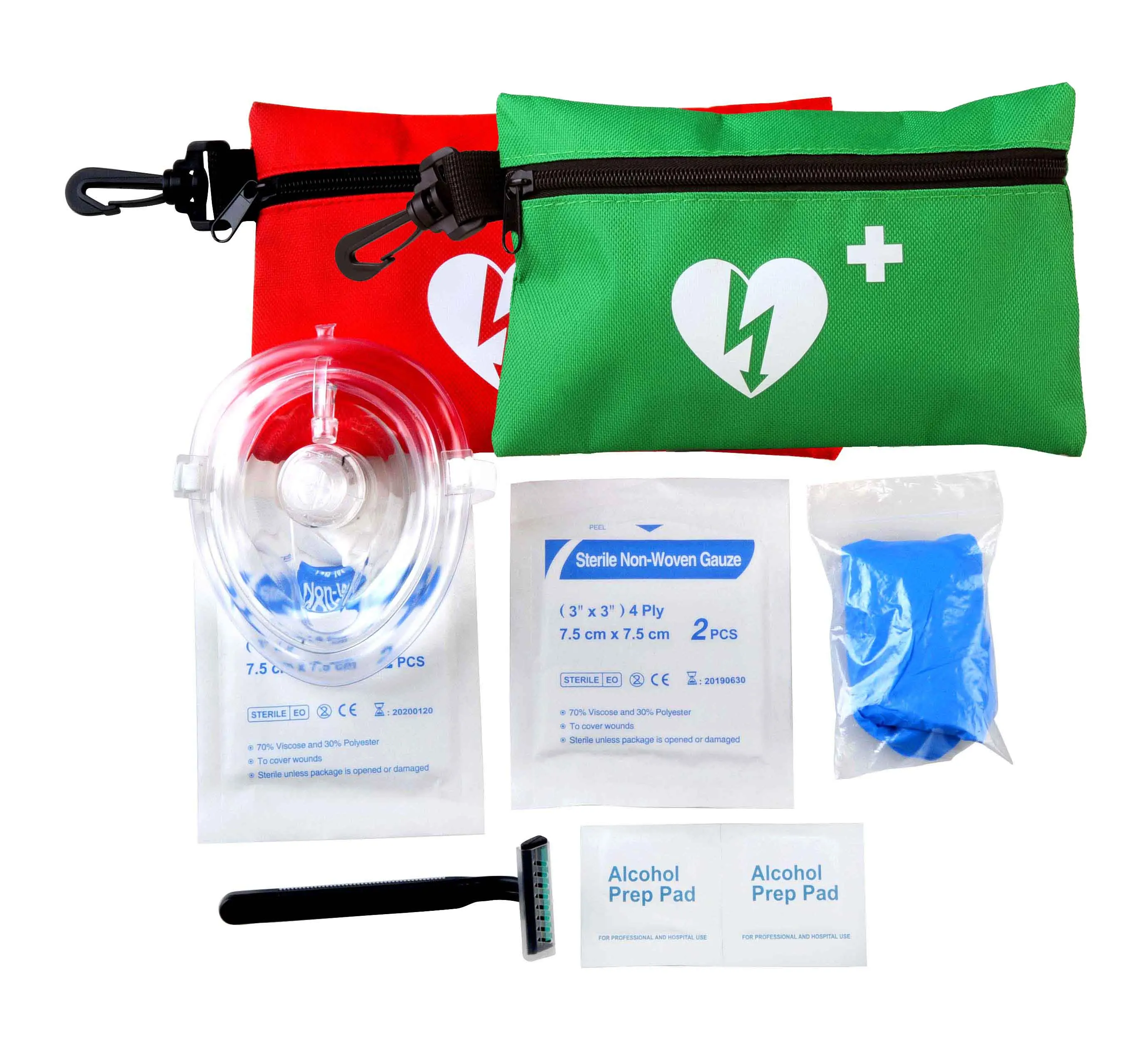 Customized AED Rescue CPR First Aid Prep Student Kit For Fast Response Breathig Red And Green Nylon Bag