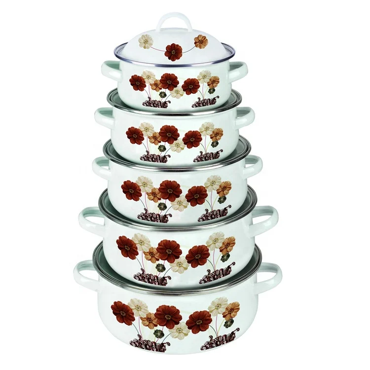 
5 pcs sets enamel casserole with decal kitchecn equipment enamel ware 